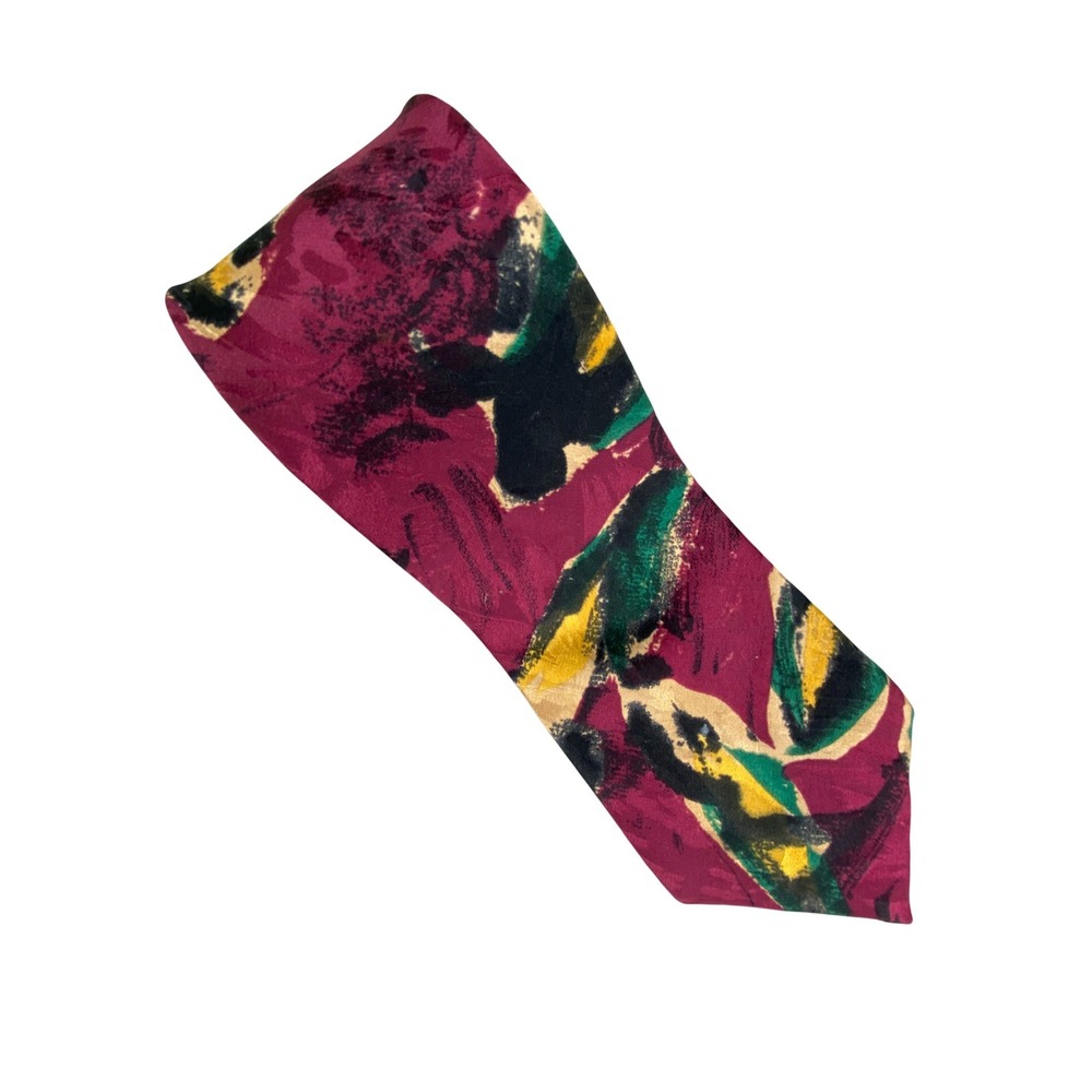 VTG Salem Town Men Tie Abstract Silk Burgundy Green Gold 57x4